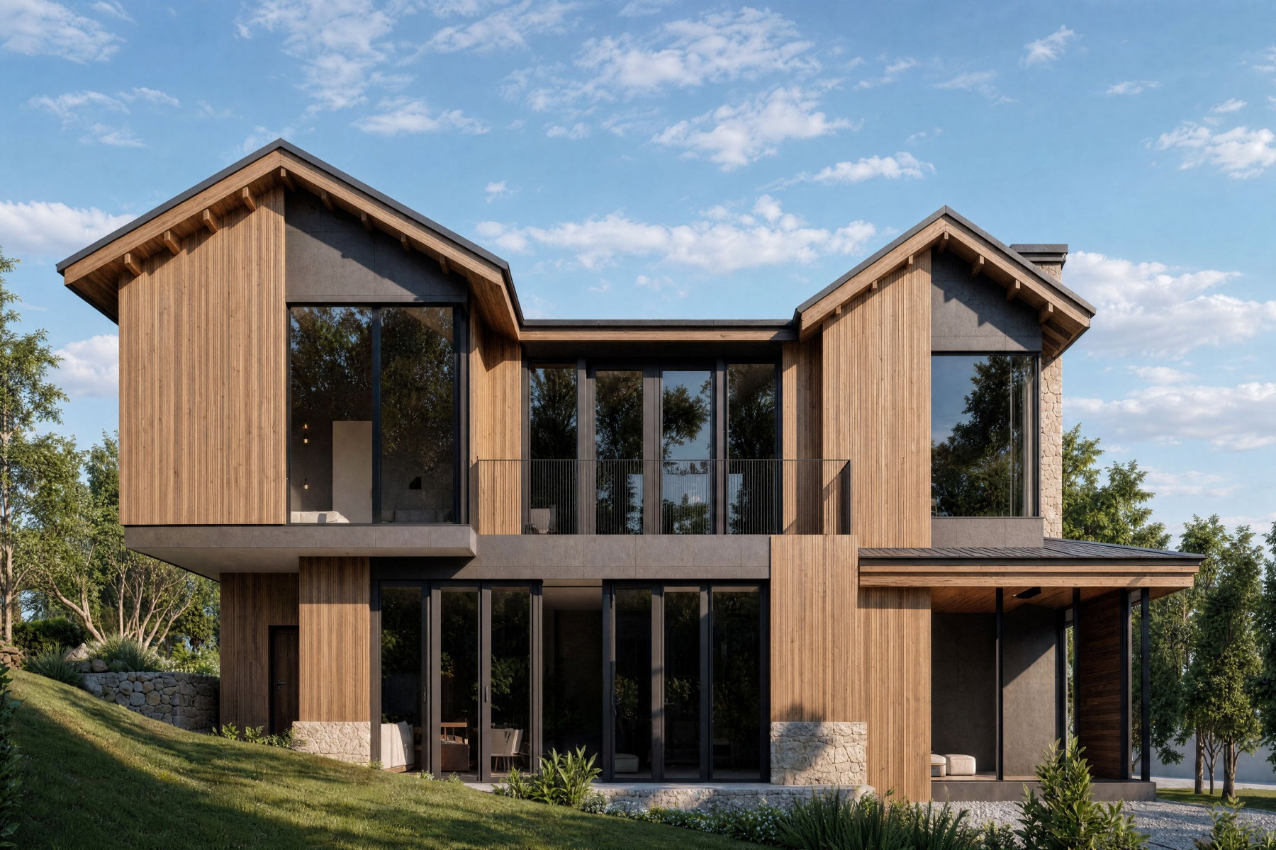 Contemporary architecture featuring wood siding, stone accents, and expansive windows