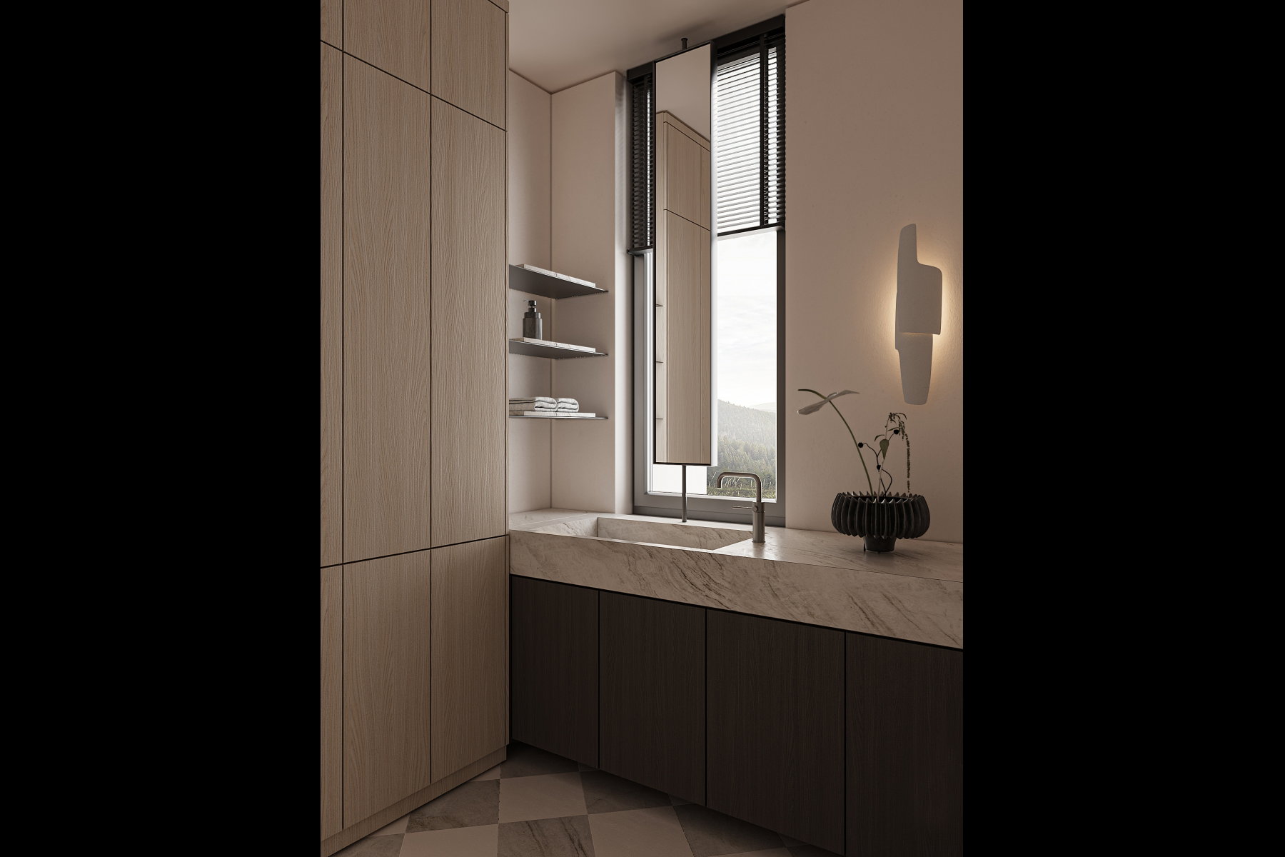 Bathroom vanity with an integrated basin, featuring a natural stone countertop and dark wood-finish cabinetry