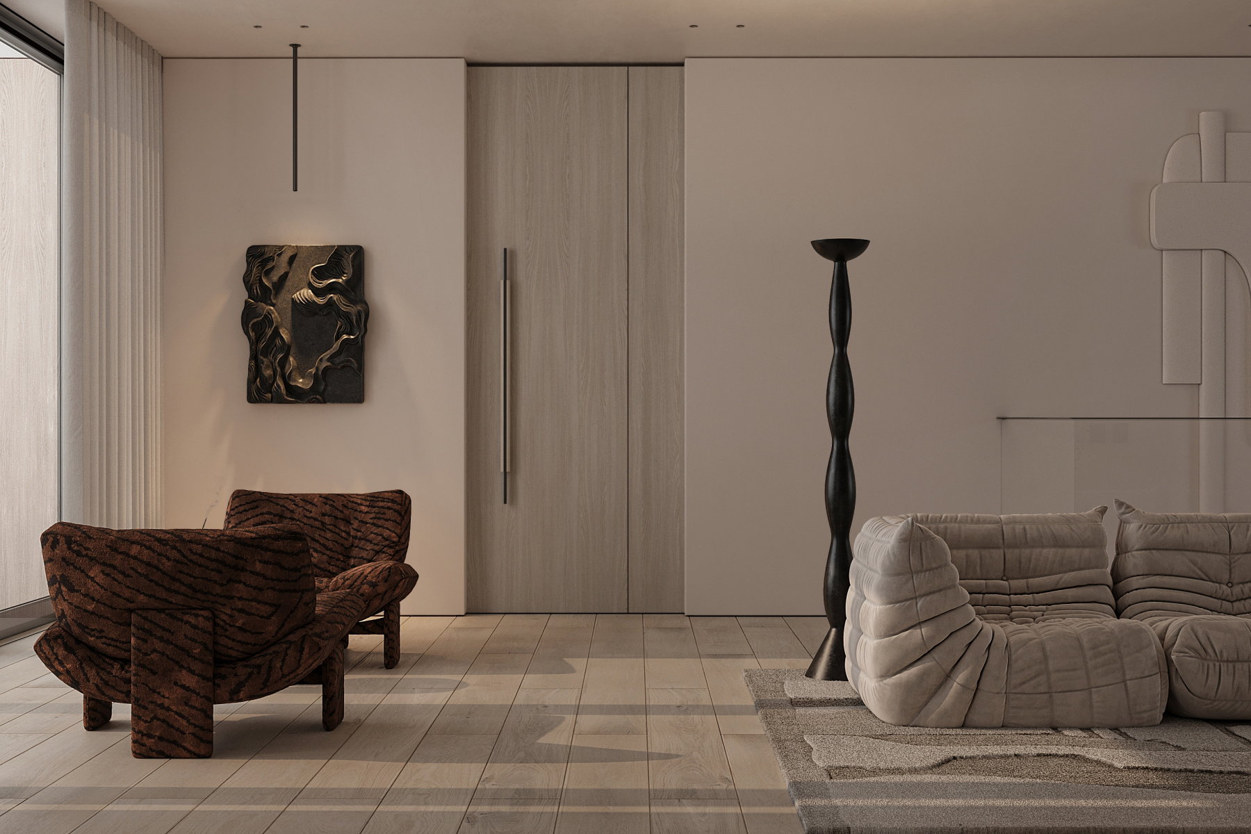 Spacious interior featuring wood-finish flooring, a full-height wood panel door, and integrated recessed lighting