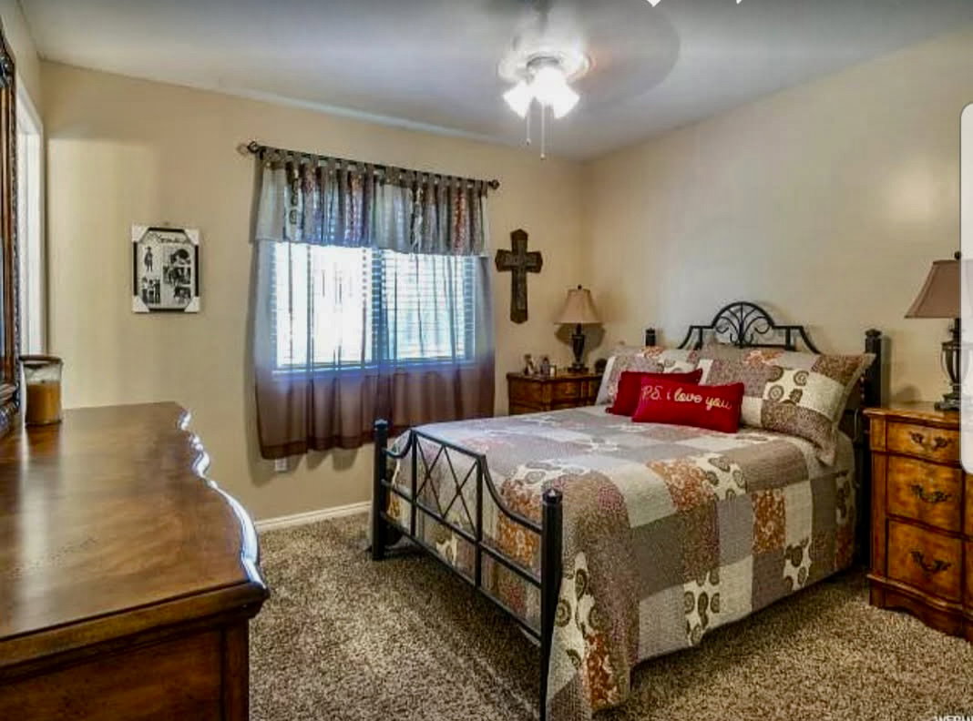 Carpeted room featuring a ceiling fan, a window with blinds, and neutral wall tones
