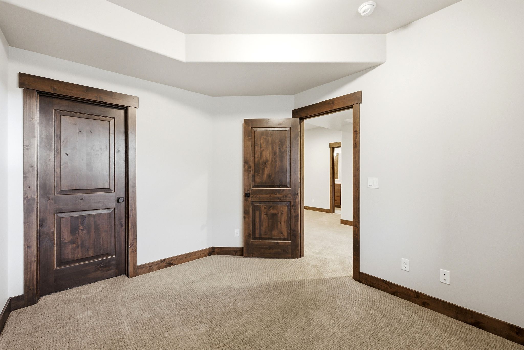 Room featuring light-colored carpeting and white walls