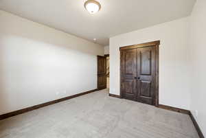 Spacious interior room featuring light gray carpet flooring, white painted walls, and dark wood-finish trim