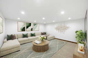 Spacious room featuring recessed lighting, light-toned walls, and wood-finish baseboards