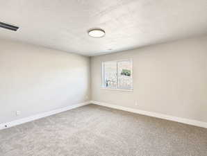 Spacious room featuring neutral carpeting, light-toned wall paint, crisp white baseboards, and a window with a mountain backdrop
