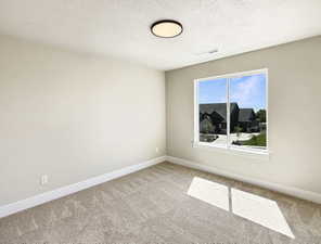 Neutral-toned room featuring a large window, light beige carpet, white baseboards, and a modern flush-mount ceiling light