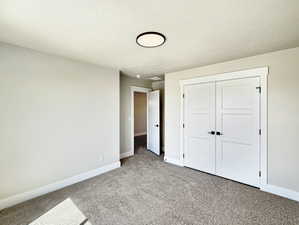 Carpeted room featuring a ceiling-mounted light fixture, light gray walls, white baseboards, and white paneled double doors with black hardware