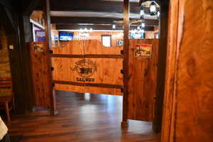 Wood-finish saloon doors with custom branding