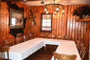 Wood-paneled room with dark wood-finish flooring