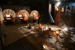 Themed interior space featuring multiple covered wagon booths with built-in seating and tables
