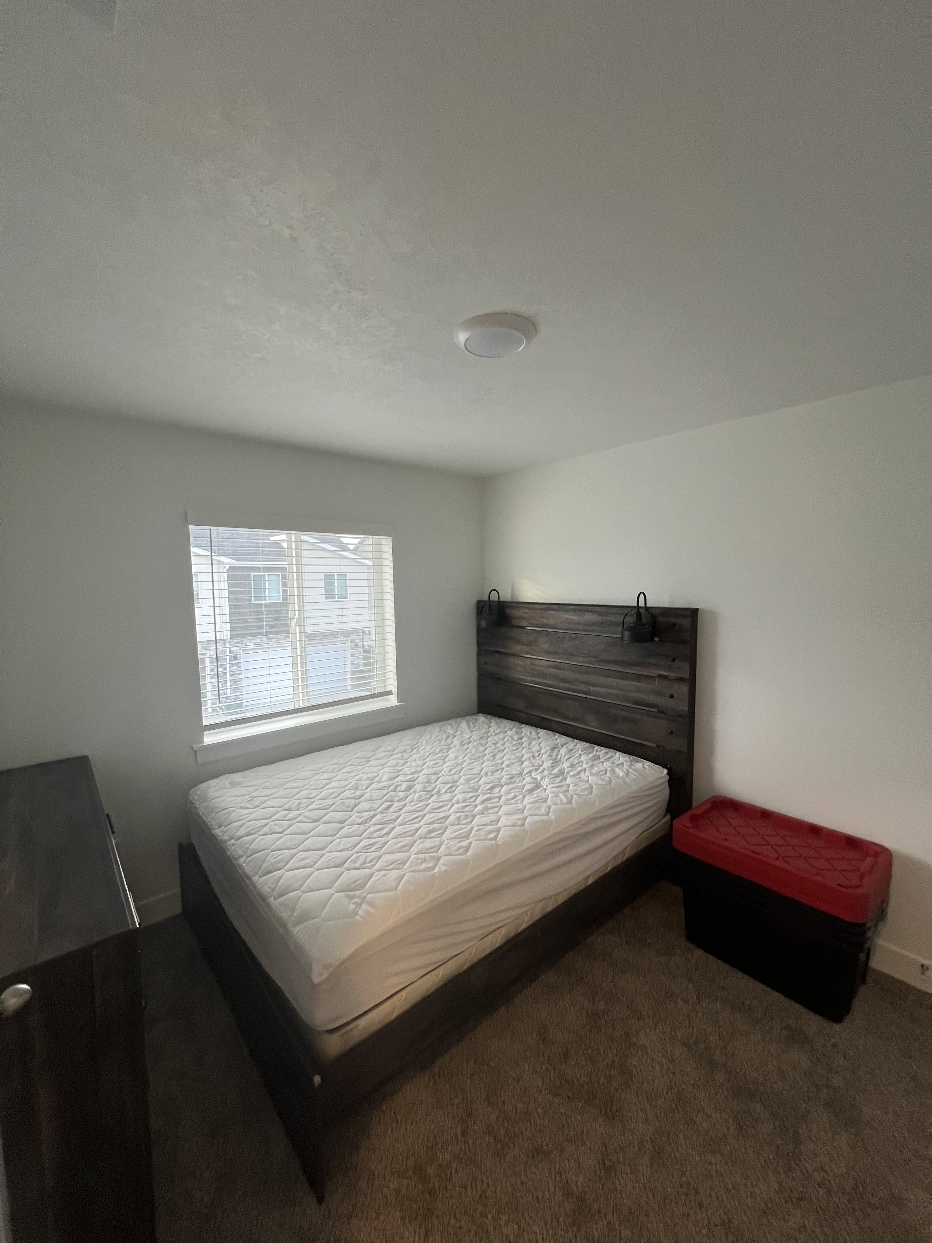 Carpeted room featuring a window with white blinds, a wood-finish bed frame with an integrated headboard, and a flush-mount ceiling light fixture
