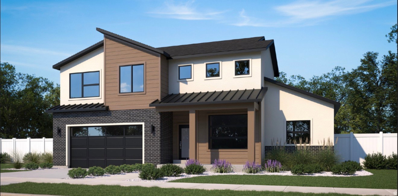 Contemporary exterior featuring mixed material siding, a dark brick accent wall, a black garage door, and a modern porch overhang