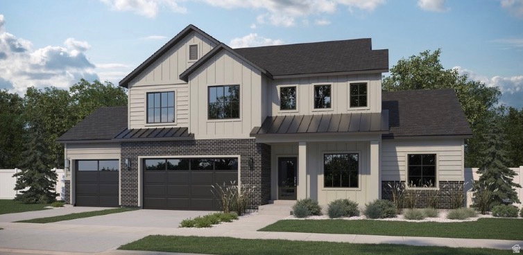 Contemporary two-story exterior featuring a mix of vertical and horizontal siding, dark brick accents, a dark shingle roof, and a prominent covered entry
