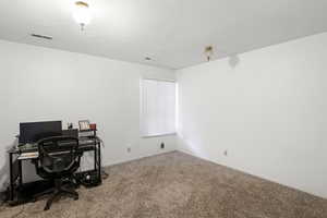 Room with textured white walls, a single window with horizontal blinds, and neutral-toned carpet flooring