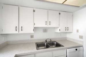Kitchen featuring white cabinetry with dark hardware, a double basin stainless steel sink, and light-toned countertops