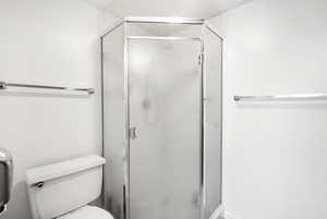 Corner shower with frosted glass enclosure and chrome framing