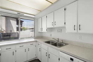 Kitchen featuring white cabinetry with dark hardware, a dual-basin stainless steel sink, and light-toned countertops