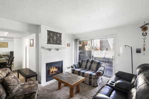 Living area featuring a tiled fireplace with a mantel, carpeted flooring, and a sliding glass door