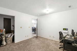 Carpeted room with white walls, baseboards, and a ceiling-mounted light fixture