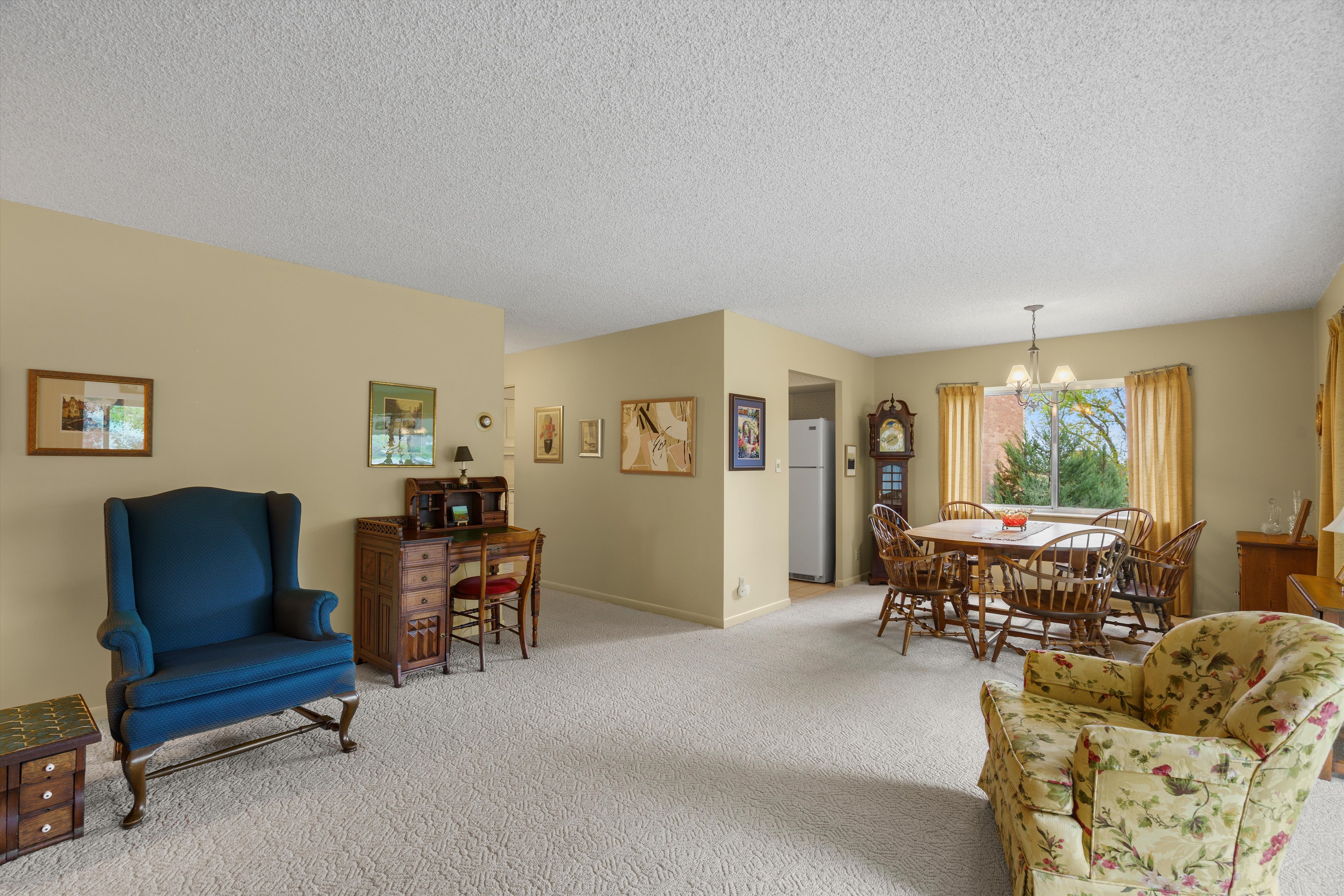 Carpeted living area with light-toned walls