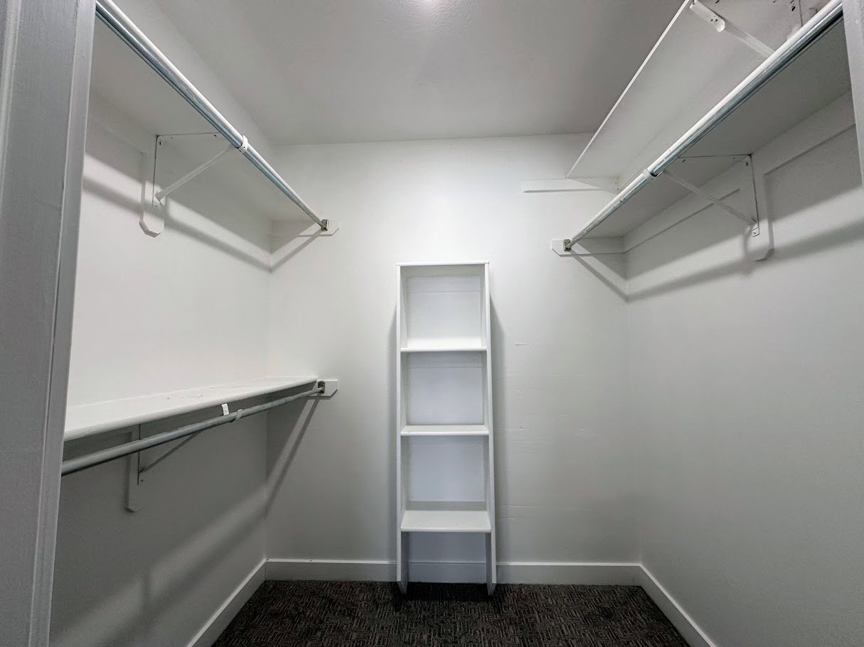 Walk-in closet featuring white painted walls, textured carpet flooring, and a built-in shelving unit