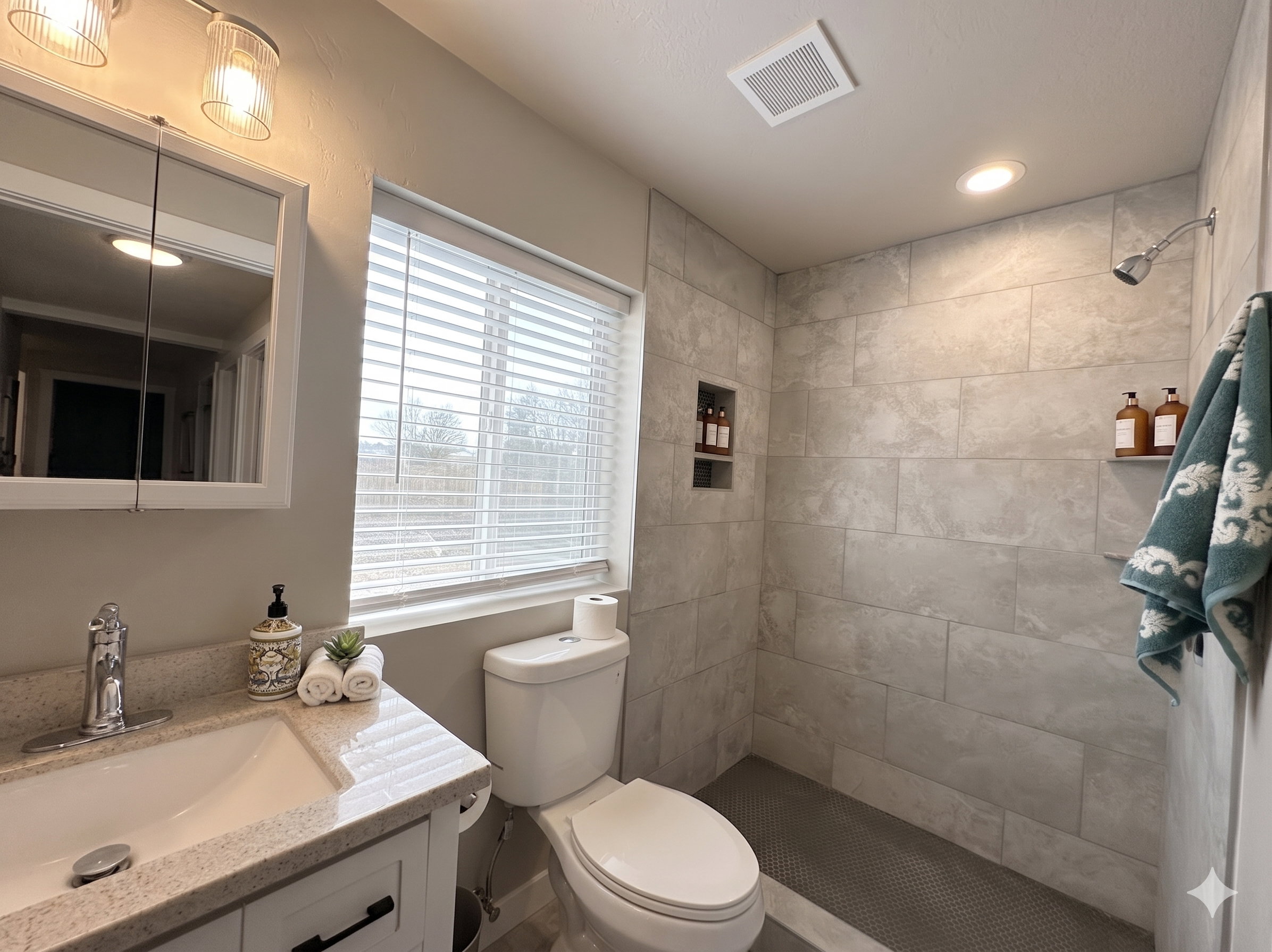 Bathroom featuring a walk-in shower with large format tile, a built-in shower niche, and a contrasting penny tile floor