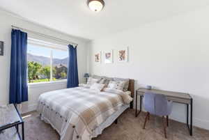 Carpeted bedroom featuring baseboards and a mountain view