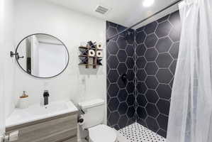 Bathroom featuring a stall shower and vanity