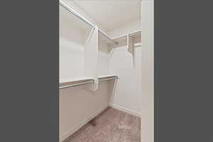 Closet interior featuring multiple shelving units, chrome hanging rods, and carpeting