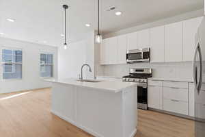 Modern kitchen featuring a central island with an integrated sink, white flat-panel cabinetry, stainless steel appliances, and wood-finish flooring