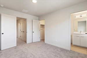 Carpeted room with a full bathroom, featuring a single vanity, mirror, and wall-mounted lighting fixture