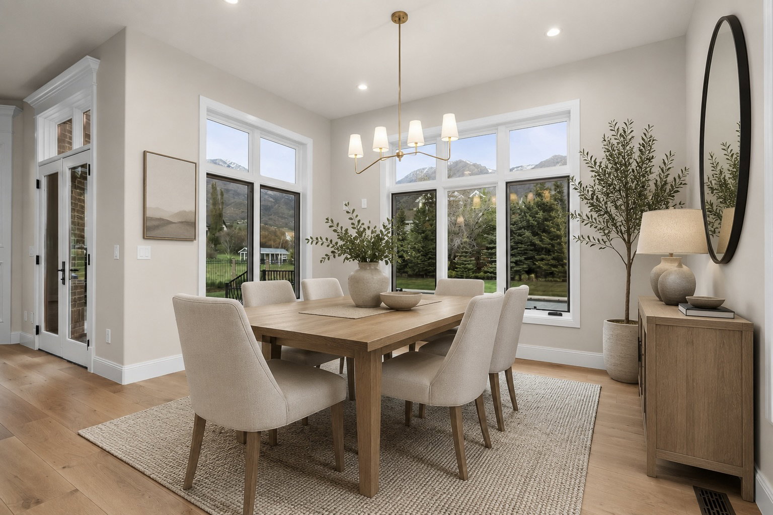 Dining area featuring wood-finish flooring, a contemporary chandelier, recessed lighting, and expansive windows