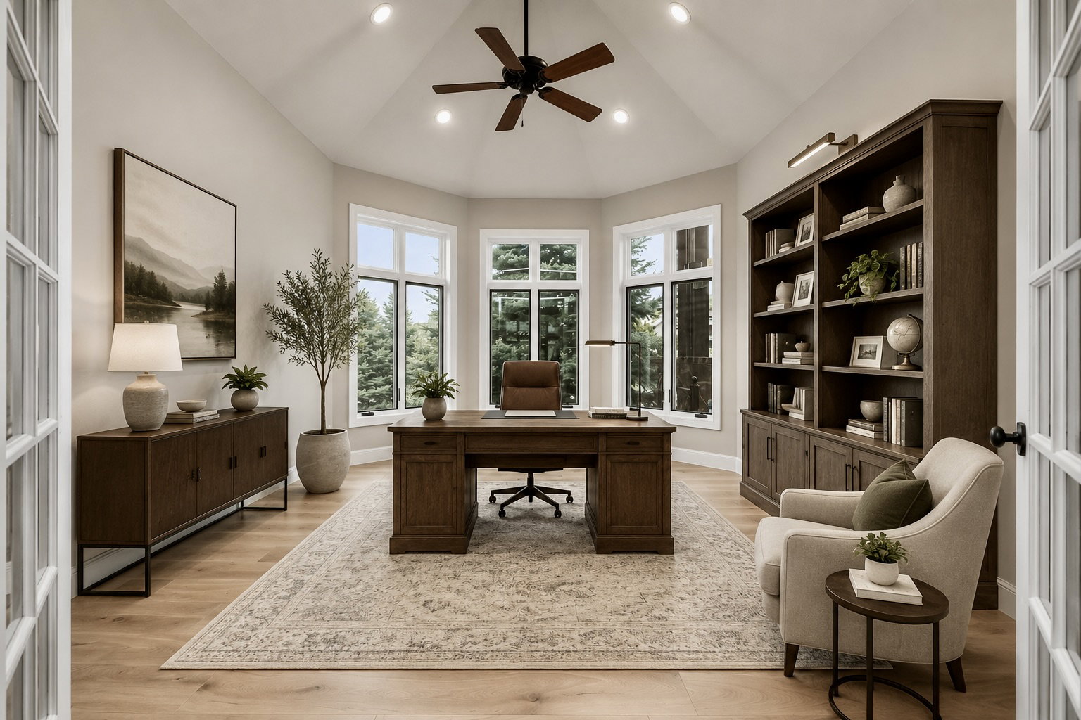 Vaulted ceiling study featuring a wood-finish ceiling fan and recessed lighting
