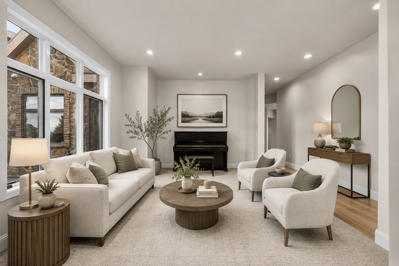 Spacious living area featuring large picture windows, recessed lighting, light-toned walls, wood-finish flooring, and a large area rug