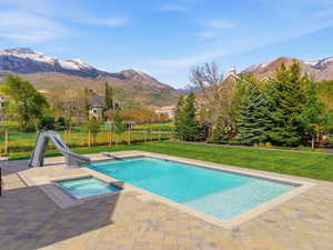 Expansive backyard featuring a rectangular swimming pool with integrated spa, a gray pool slide, and a diving board