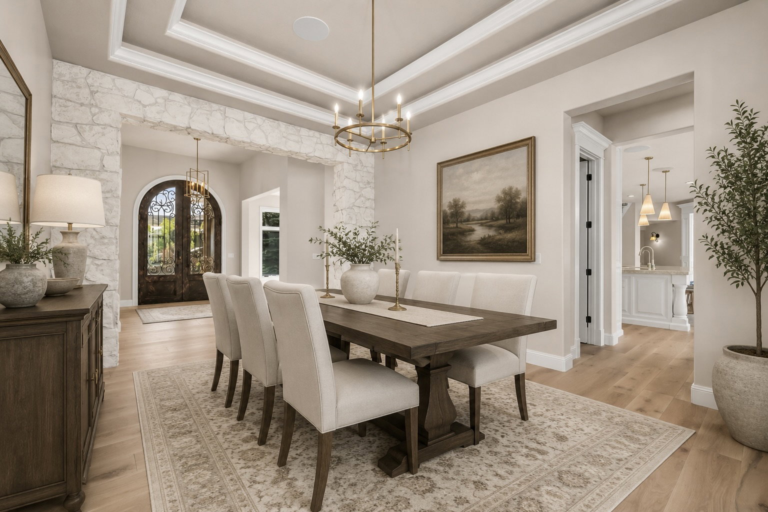 Tray ceiling with crown molding, light wood-finish flooring, stone accent walls, arched iron-forged entry doors, and a brass chandelier