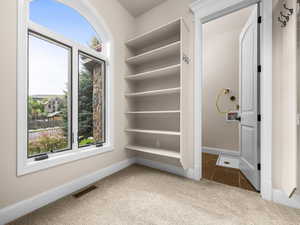 Arched window with extensive built-in shelving and neutral carpet