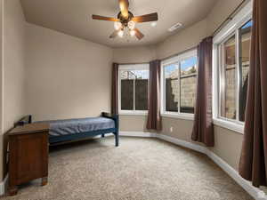 Carpeted interior space featuring a multi-pane window array, an angled ceiling, a ceiling fan with integrated lighting, and white baseboards