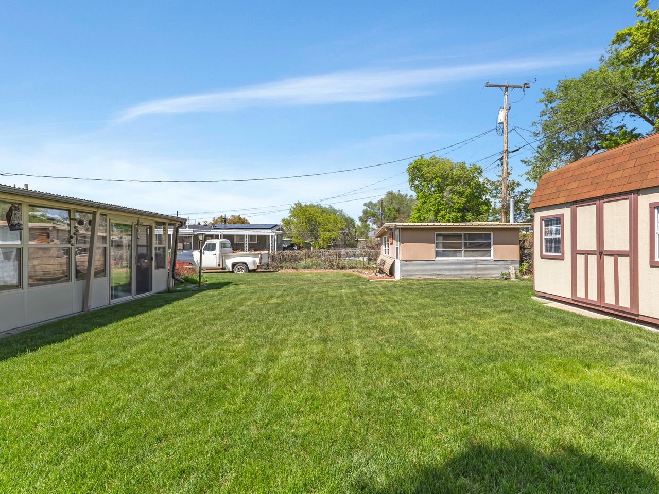 Expansive grass lawn bordered by a screened enclosure and a detached storage shed with a shingled roof