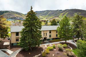 Exterior building with light tan siding and a dark gray shingled roof, featuring multiple windows and surrounding mature trees
