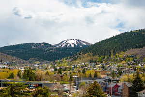 Mountainous landscape featuring a snow-capped peak, dense evergreen forests, and a scattering of residential structures