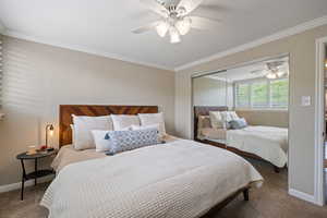 Neutral wall tones complement the crown molding and carpeted flooring