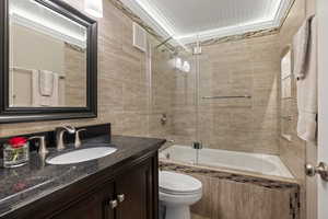 Bathroom featuring a dark wood-finish vanity with a black stone countertop, undermount sink, and brushed nickel faucet
