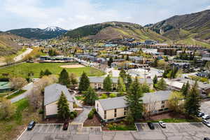 Aerial perspective showcasing multiple residential buildings with surrounding parking areas, mature trees, and landscaping
