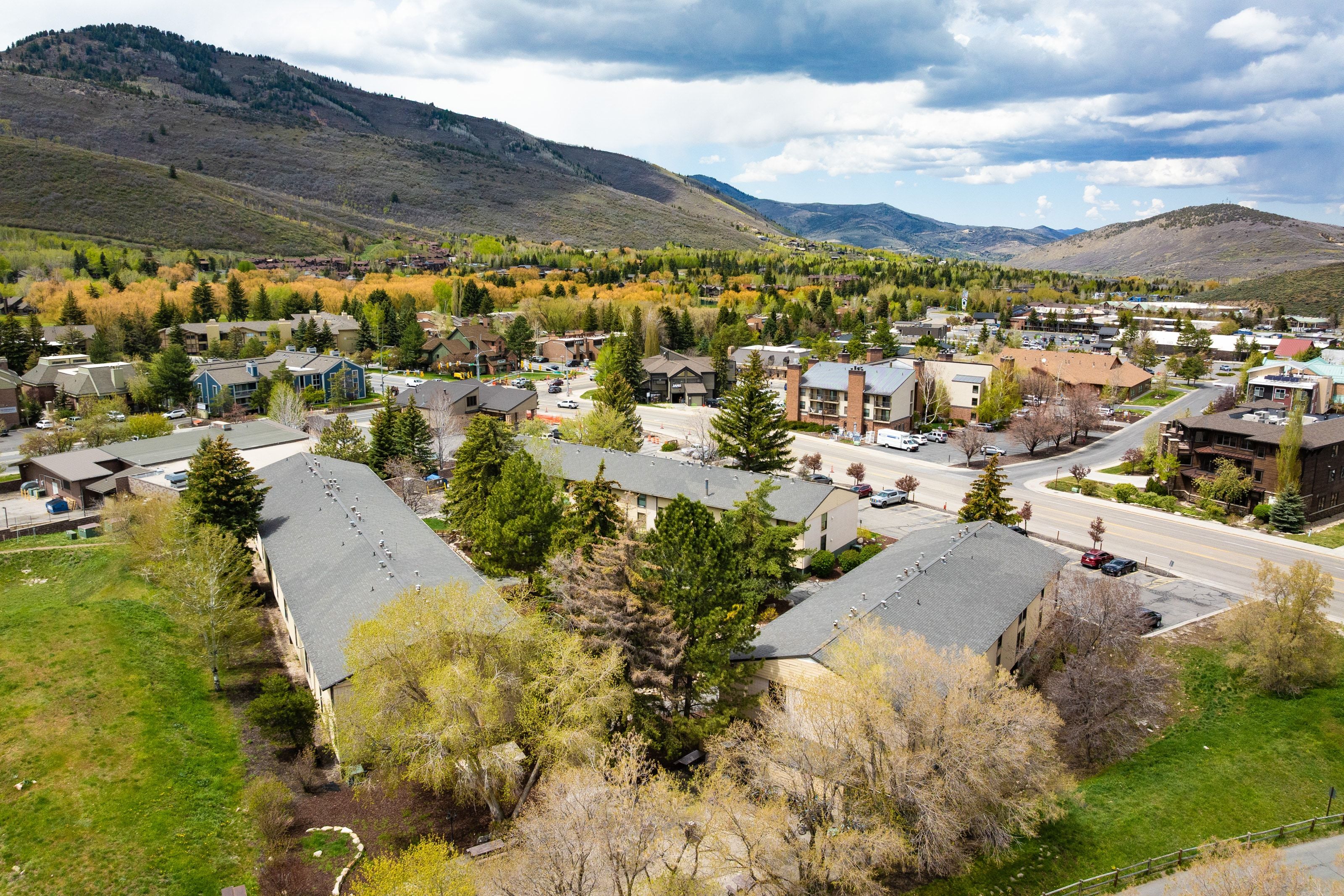 Aerial perspective showcasing multiple properties nestled amidst mature trees and mountainous terrain