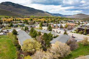 Aerial perspective showcasing multiple properties nestled amidst mature trees and mountainous terrain