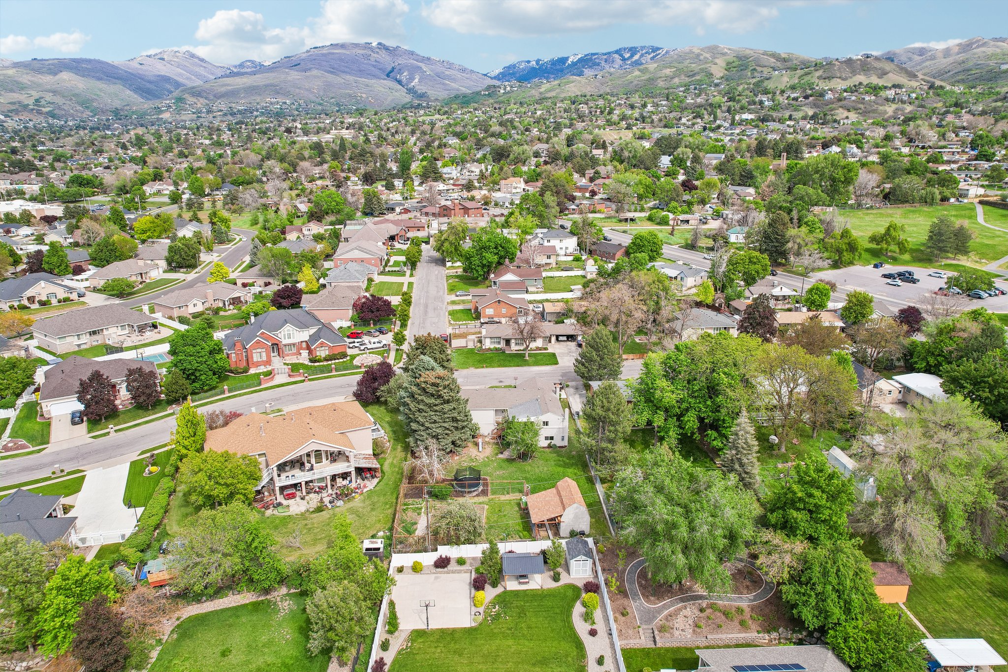 Residential neighborhood featuring mature trees and mountain backdrops