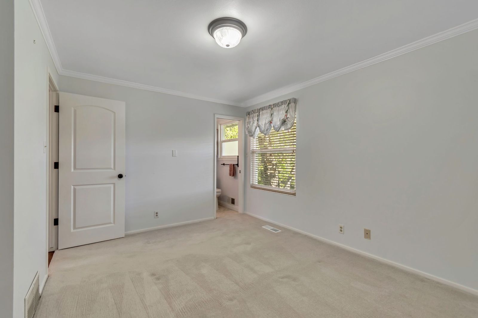 Neutral-toned room featuring light-colored carpeting, white baseboards, and crown molding