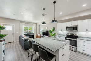 Open-concept living space with wood-finish flooring