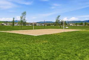Outdoor sand volleyball court surrounded by expansive green space