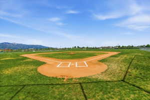 Outdoor recreational field featuring a baseball diamond with a dirt infield and grass outfield